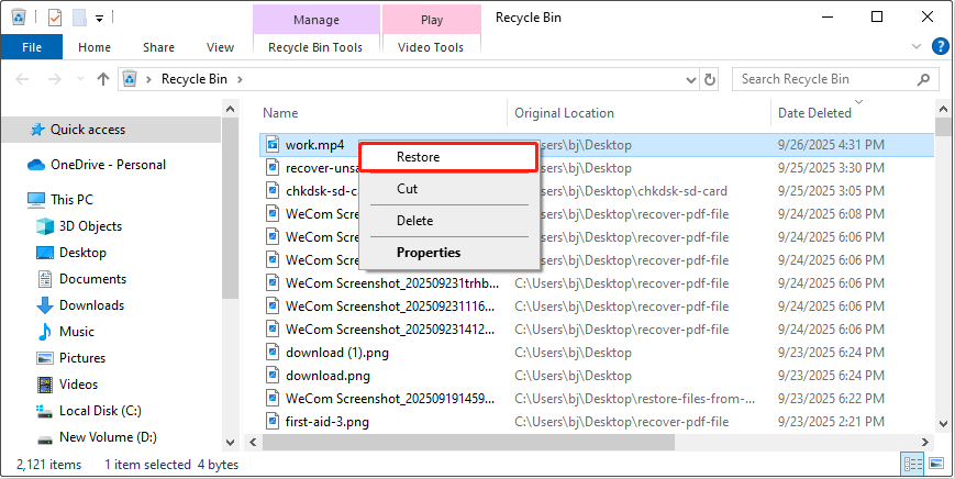 restore MP4 video files from the Recycle Bin