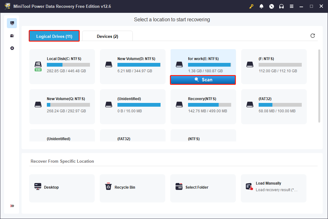 scan the location where MP4 files were stored using MiniTool Power Data Recovery