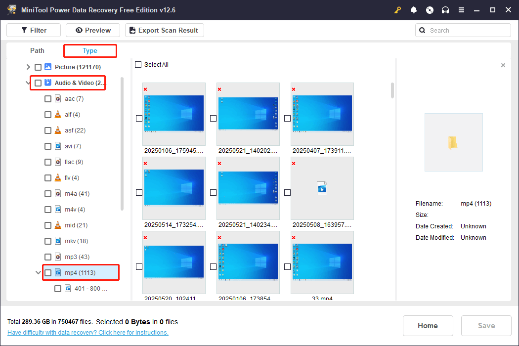 use Type to find the MP4 files in MiniTool Power Data Recovery