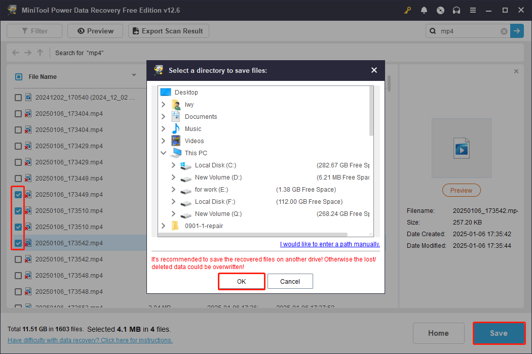 recover the MP4 files to a new location using MiniTool Power Data Recovery