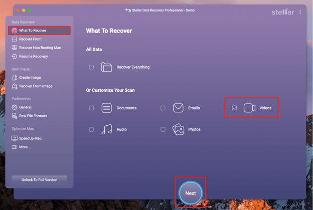 select videos to scan in Stellar Data Recovery for Mac