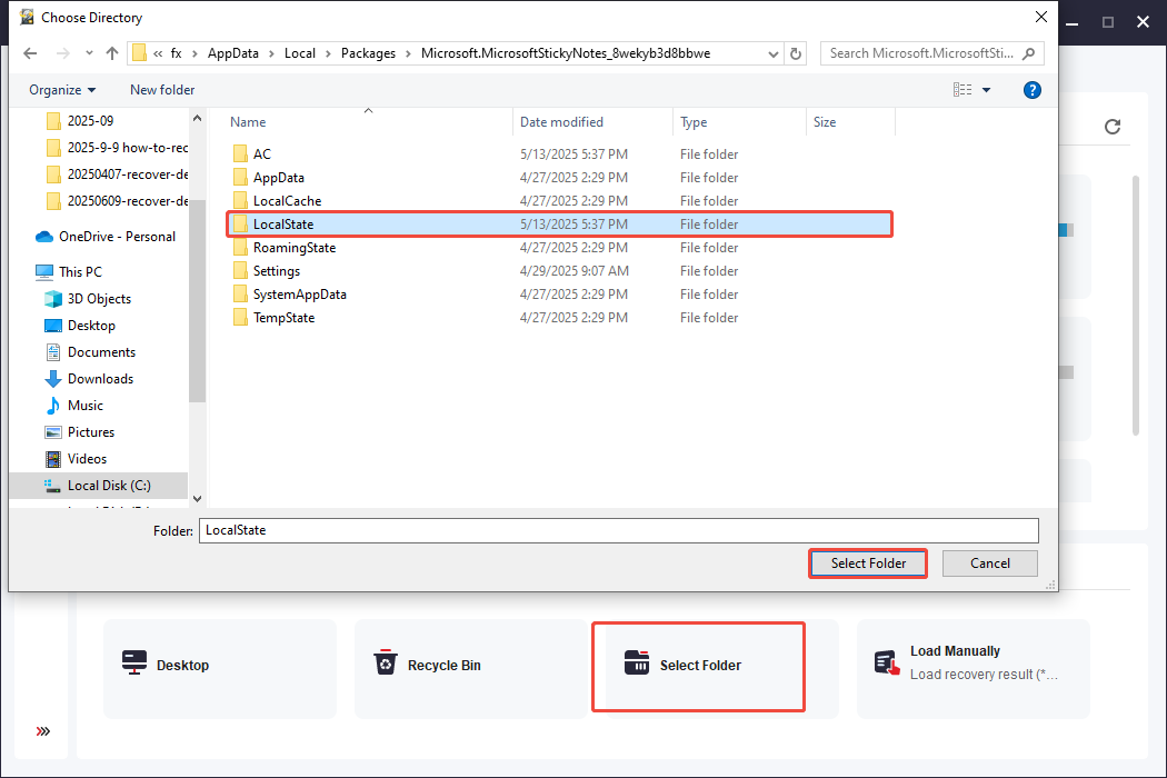 click Select Folder to scan the .snt/.sqlite file in MiniTool Power Data Recovery