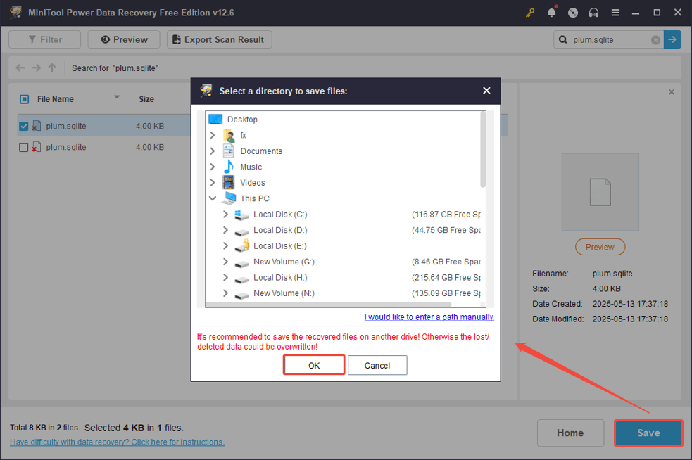 save the plum.sqlite file in MiniTool Power Data Recovery