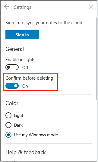 toggle on the Confirm before deleting