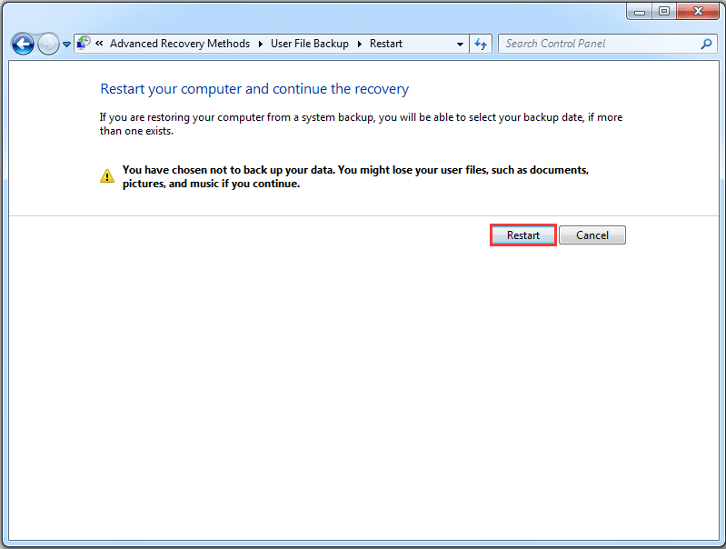 clique em Reiniciar para continuar