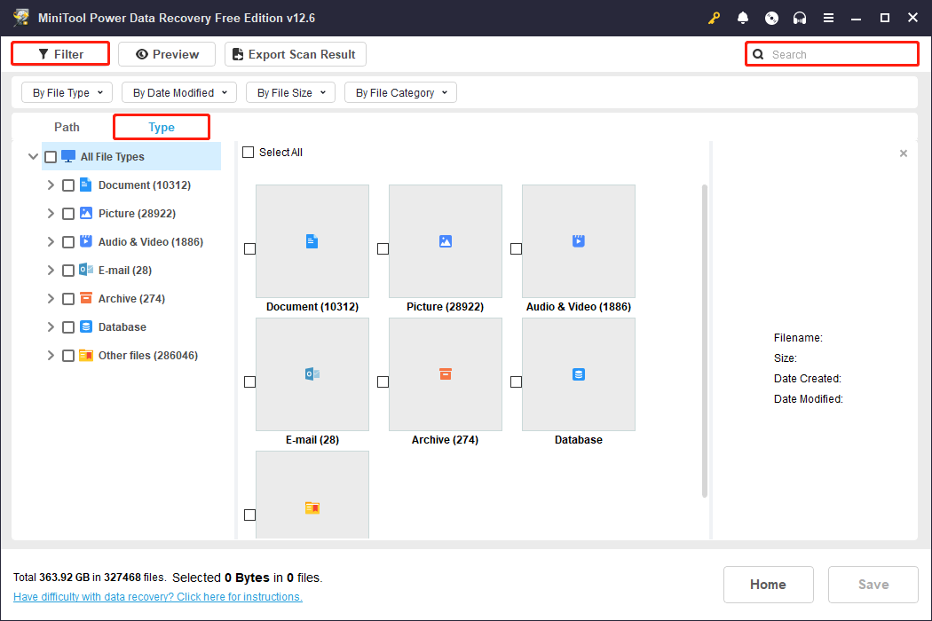 find the files using Type, Filter, Search features in MiniTool Power Data Recovery