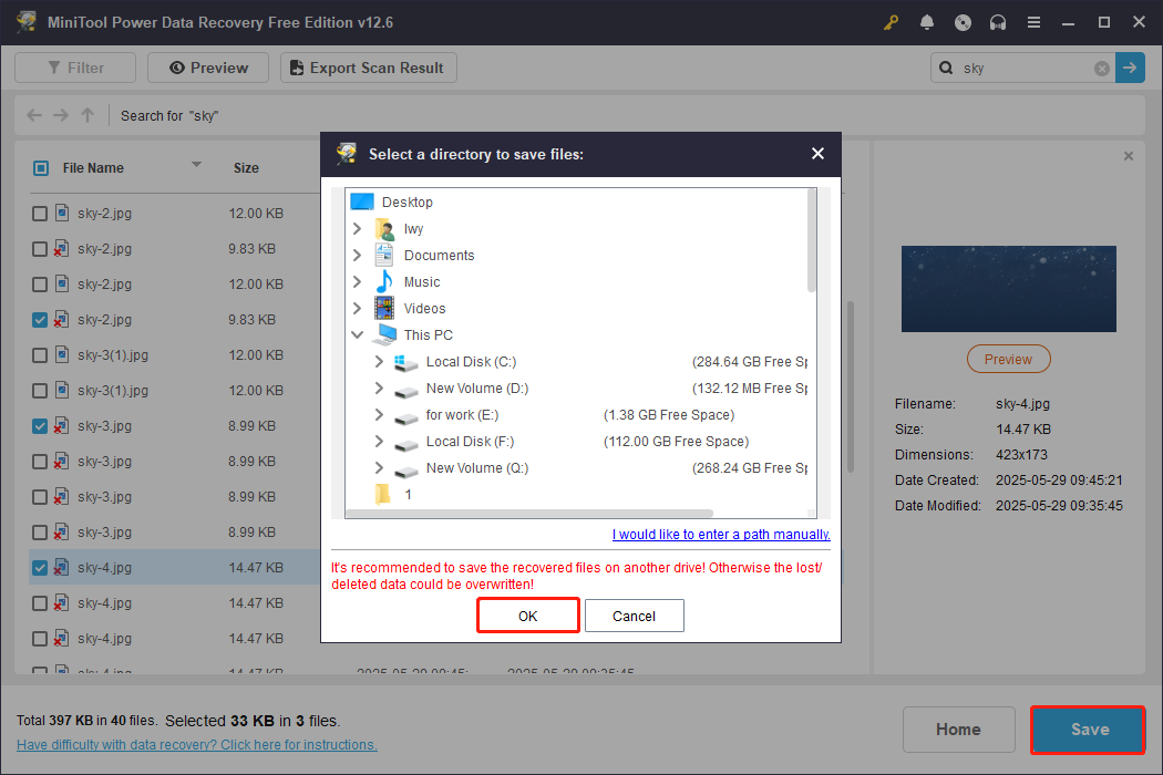 recover the selected files to a new location using MiniTool Power Data Recovery