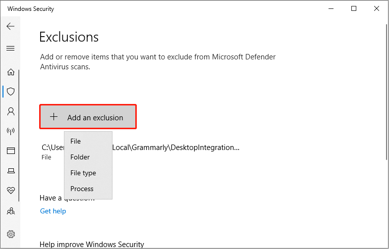 add files or folders to Windows Defender’s exclusion