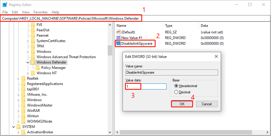 disable Windows Defender using Registry Editor