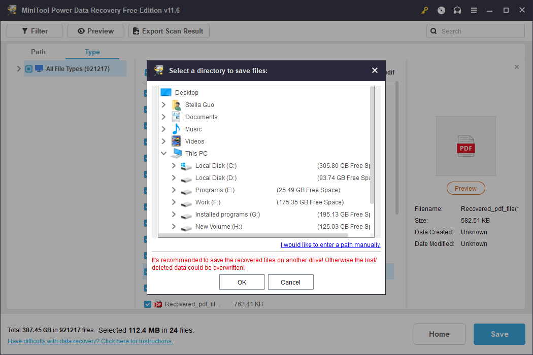 guarde os ficheiros selecionados no local especificado