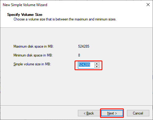 especifique o tamanho do volume