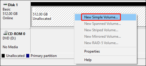 Seleccione Nuevo volumen simple