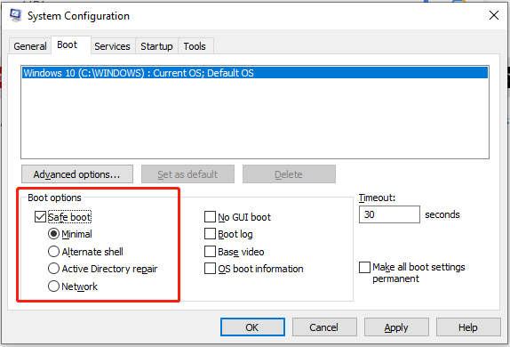 set the Safe boot option to Minimal