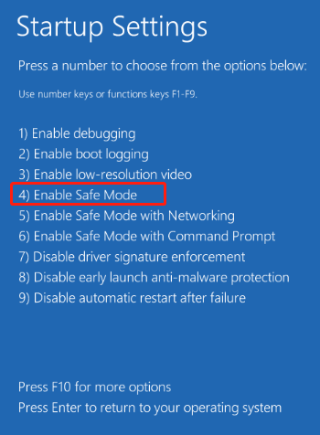press 4 or F4 to choose Enable Safe Mode
