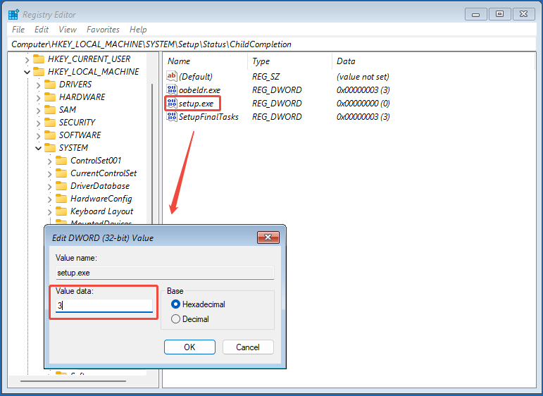 edit setup.exe entry in Windows registry