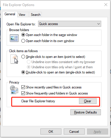 click Clear next to Clear File Explorer history