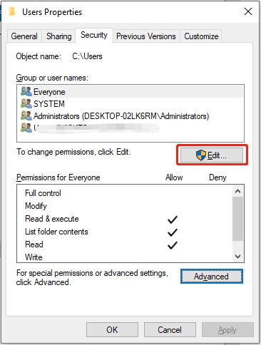 hit Edit under the Security tab