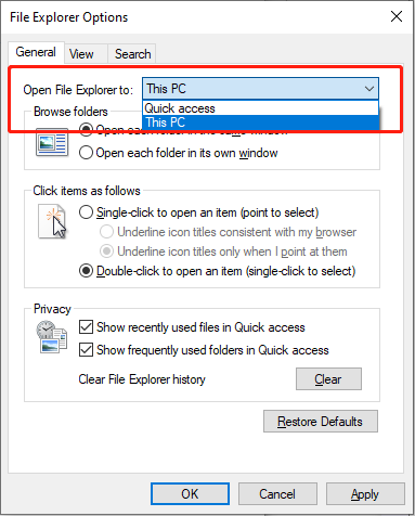 set Open File Explorer to This PC