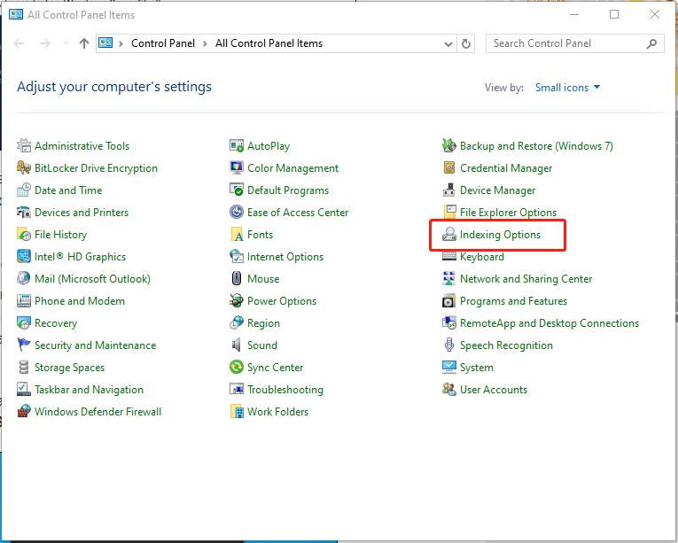 click on Indexing Options