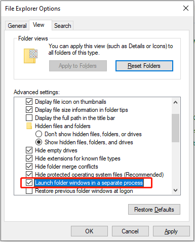 check Launch folder windows in a separate process