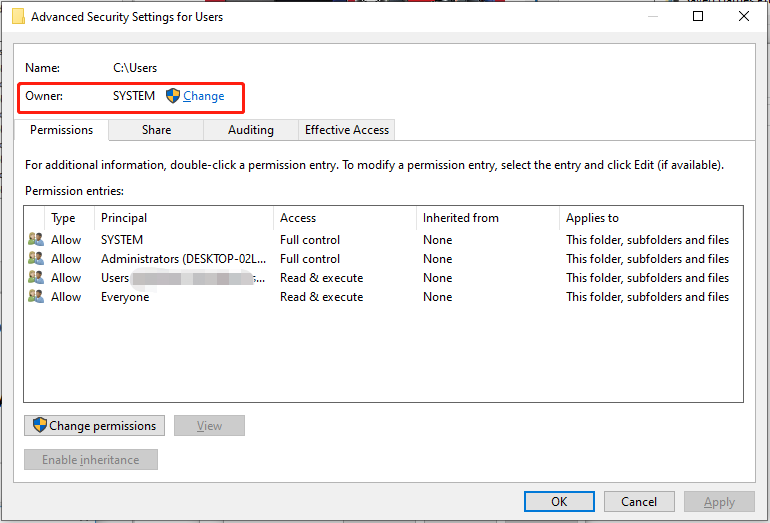 click Change next to Owner