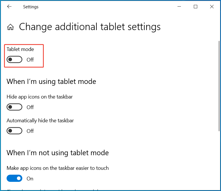 disable Windows 10 tablet mode to restore missing taskbar icons