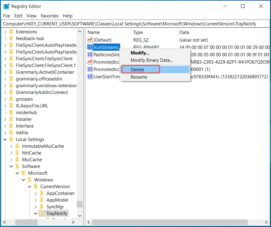 delete IconStreams to restore missing taskbar icons