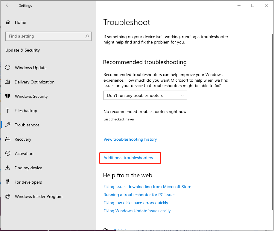 click Additional troubleshooters in Troubleshooters