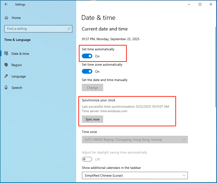 toggle on Set time automatically