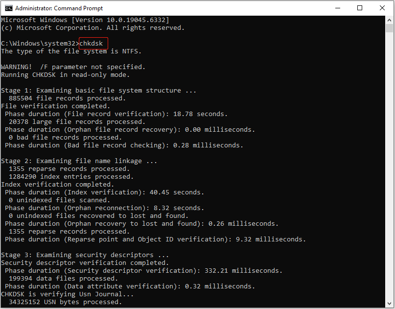 a Command Prompt window executing the CHKDSK command