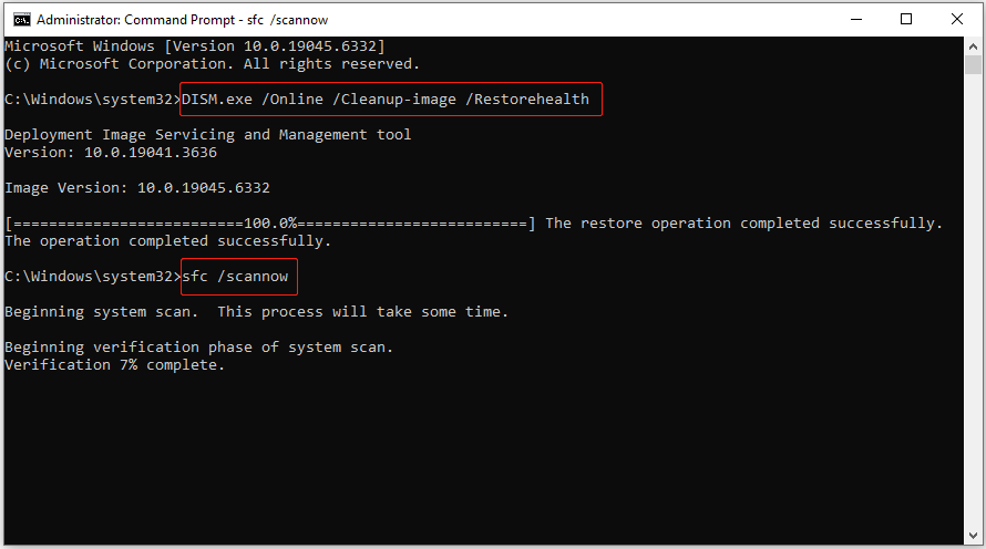 a Command Prompt window executing DISM and SFC system repair commands