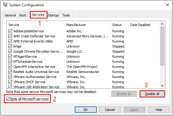 the System Configuration window for disabling all non-Microsoft services