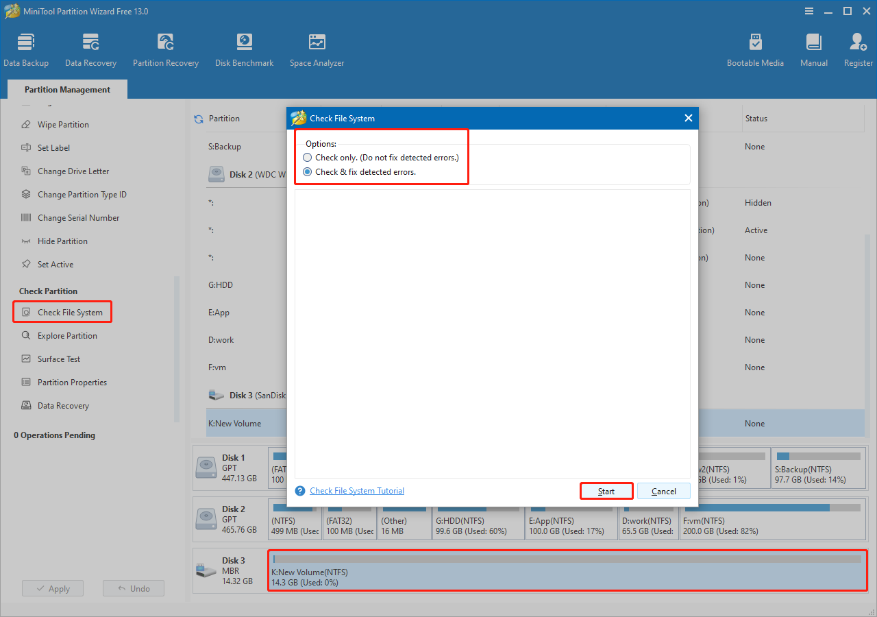 a screenshot showing how to check and fix file system errors in MiniTool Partition Wizard