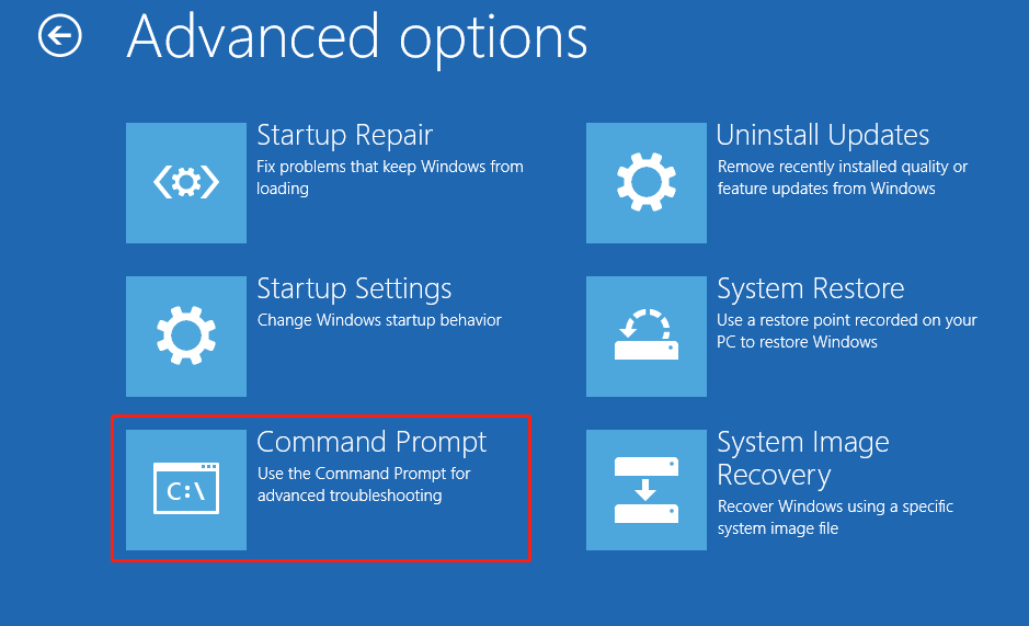 the Advanced options window displaying Command Prompt and some other startup options
