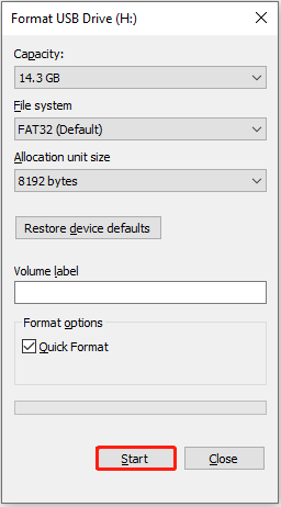the window to specify the file system, volume label, and other disk information for disk formatting