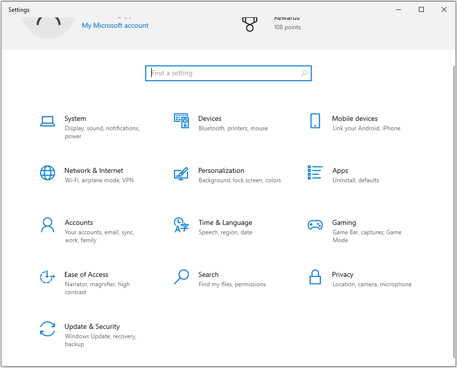 the main interface of Windows Settings