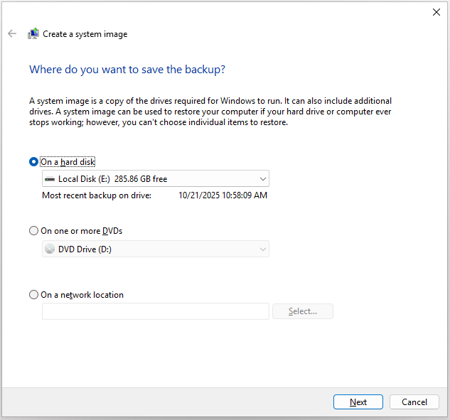 choose a location to save the backup