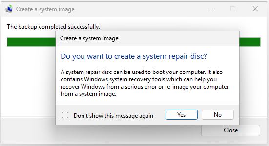 click No and Close to confirm in the Create a system image window
