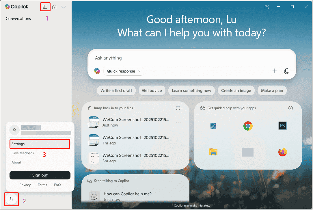 click Account and Settings in Copilot