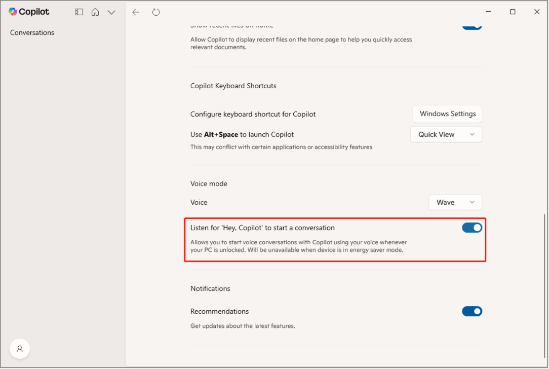 turn on the option for Listen for ‘Hey, Copilot’ to start a conversation