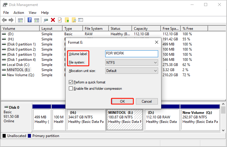 set the volume label and file system for your failed drive