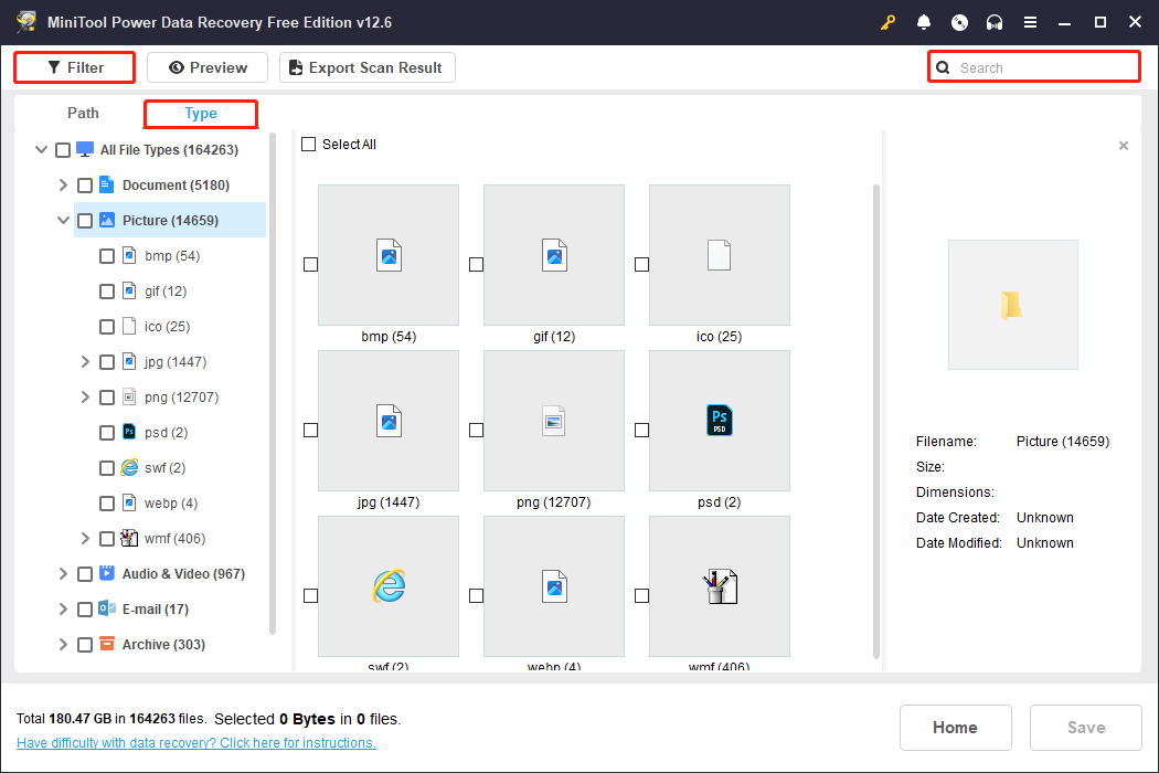 use Type, Filter, and Search to locate the files in MiniTool Power Data Recovery