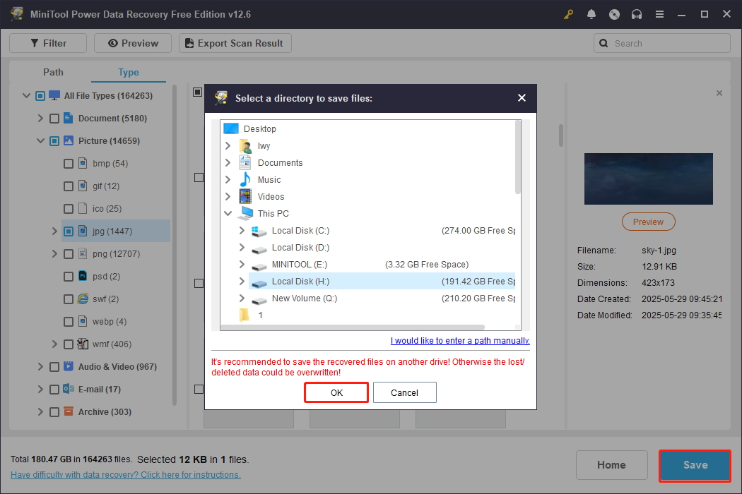 choose a location and recover files in MiniTool Power Data Recovery