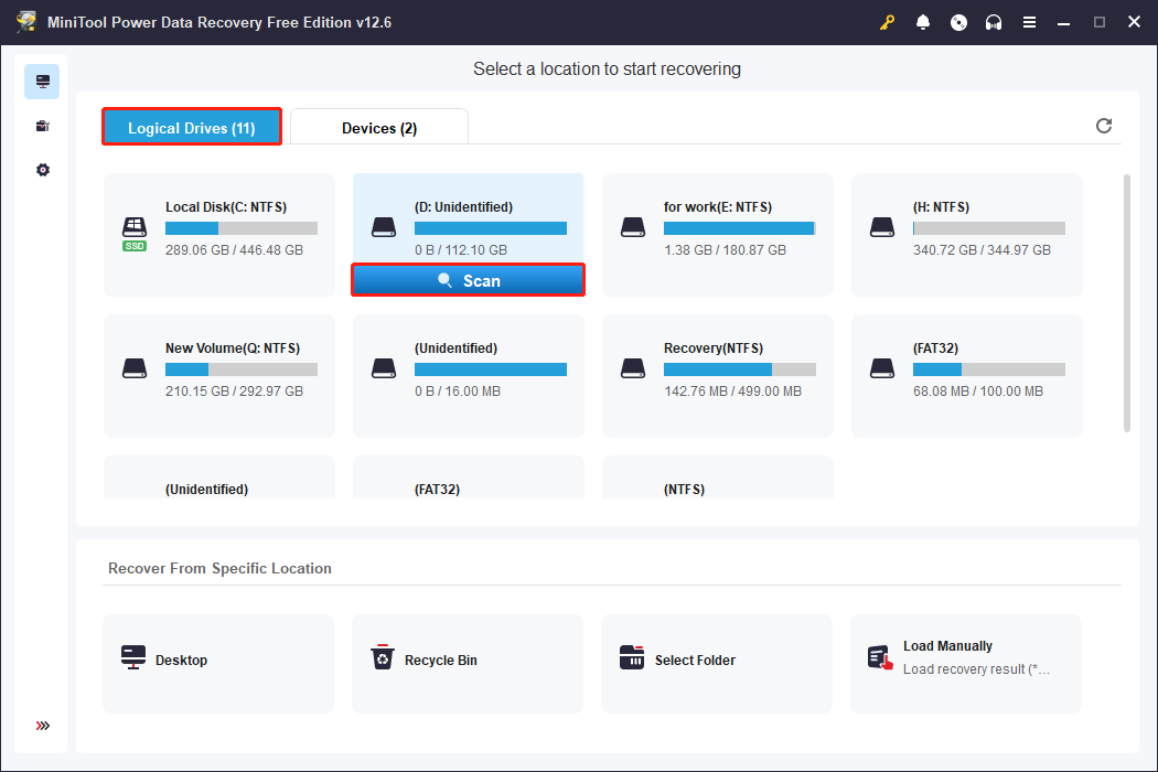 scan the D drive using MiniTool Power Data Recovery