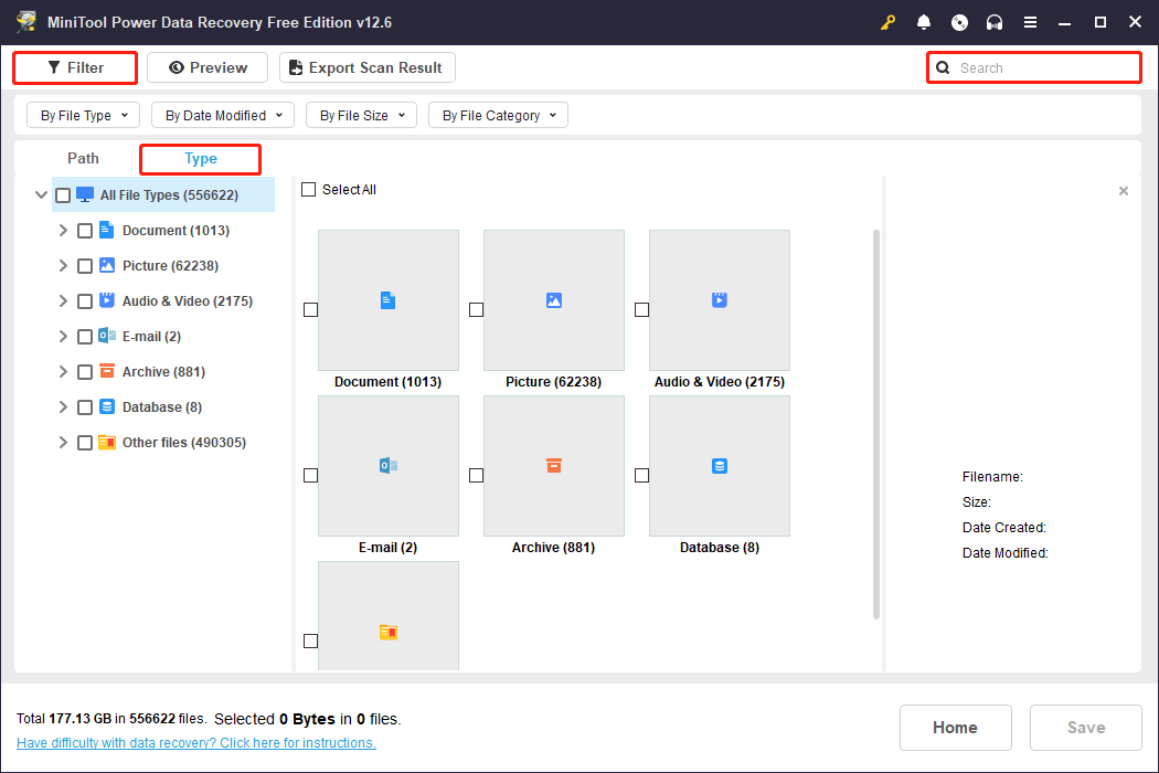 find the files using Type, Filter, and Search in MiniTool Power Data Recovery