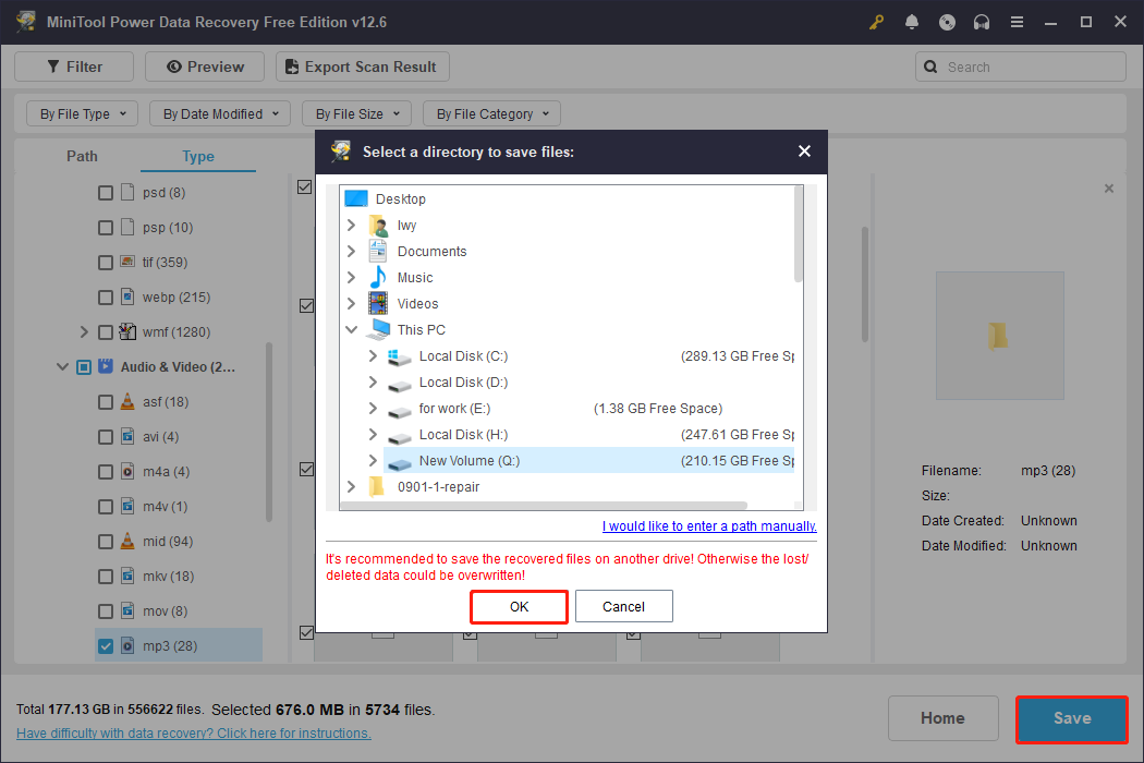 recover the files to a location in MiniTool Power Data Recovery