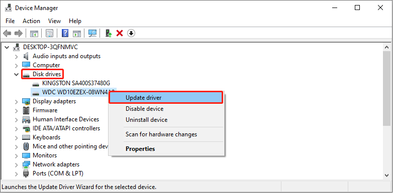 update the disk driver in Device Manager