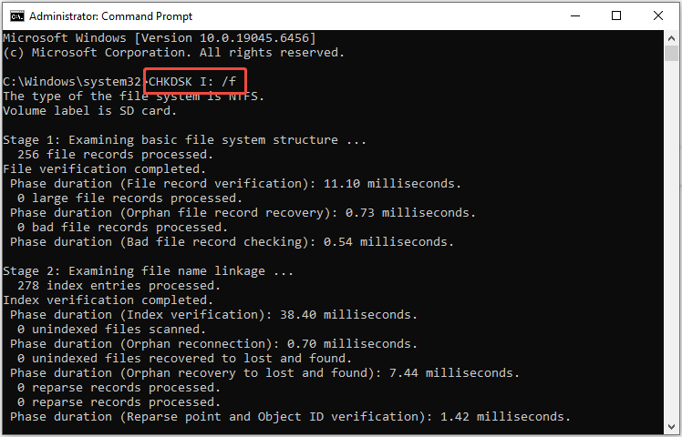 run CHKDSK [drive letter]: /f to fix the file system issue on the SD card