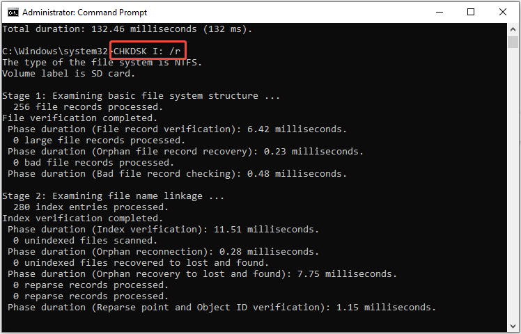 type CHKDSK [drive letter]: /r to identify the bad sectors on the SD card