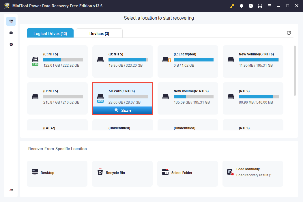 the main interface of MiniTool Power Data Recovery with many partitions listed